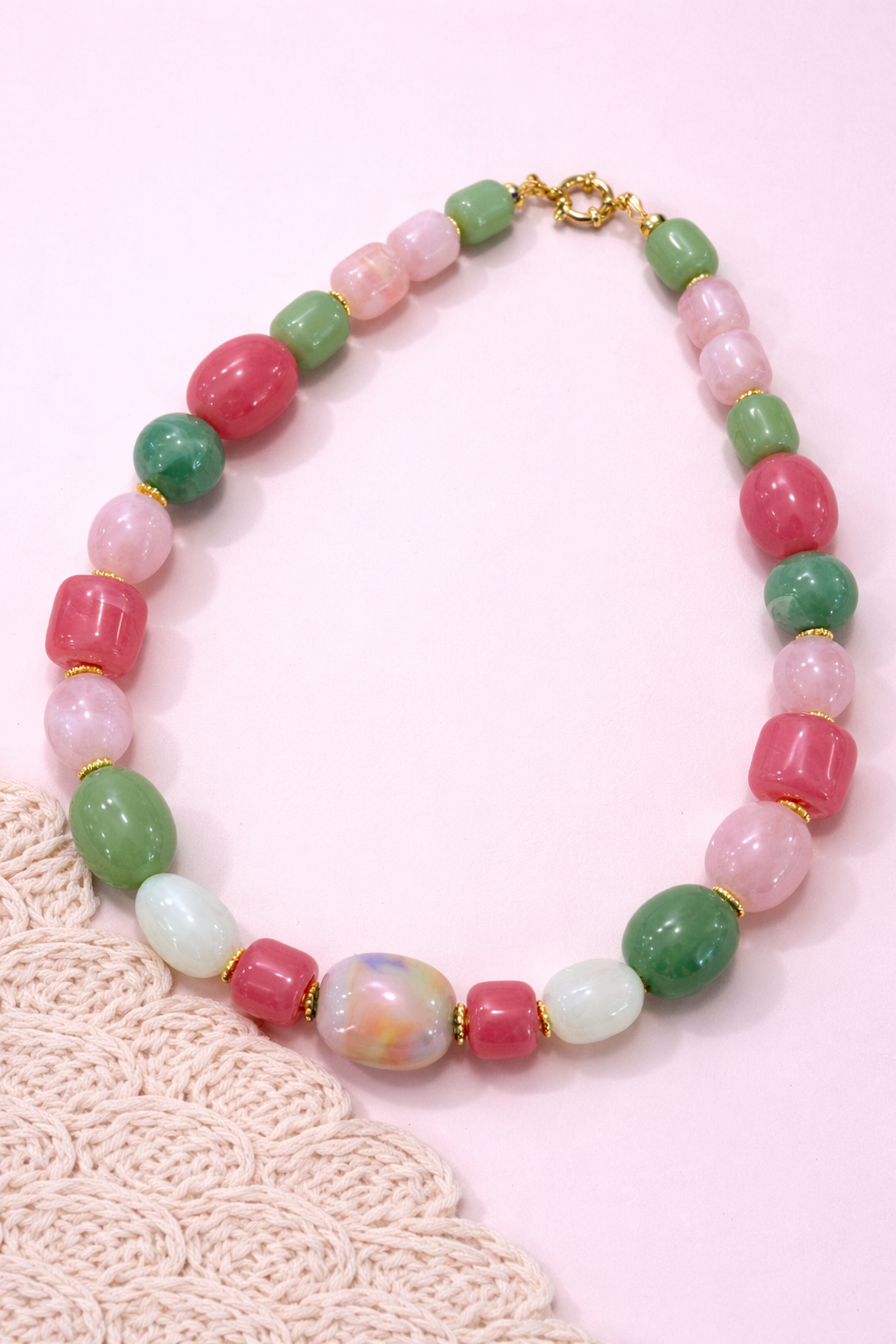 Collier Rocaille - Rose et Vert
