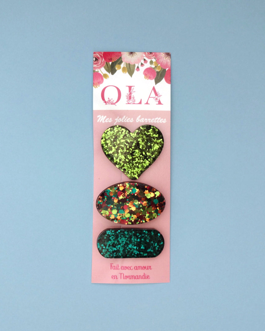 Trio petites barrettes • Coeur Vert feuillage