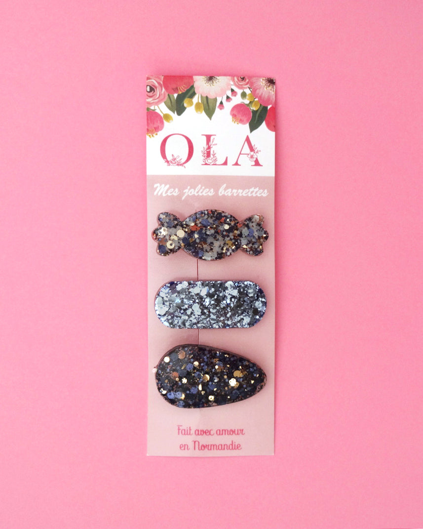 Trio petites barrettes • Bonbon bleu pépite