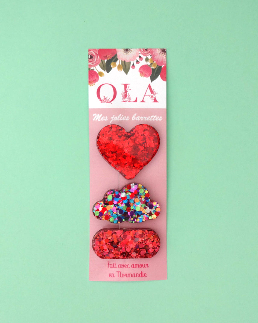 Trio petites barrettes • Cœur Rouge confettis