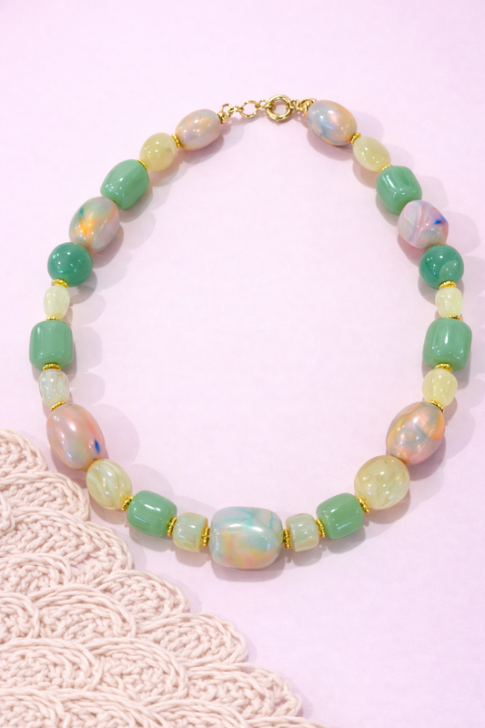Collier Rocaille - Rose écru et Vert
